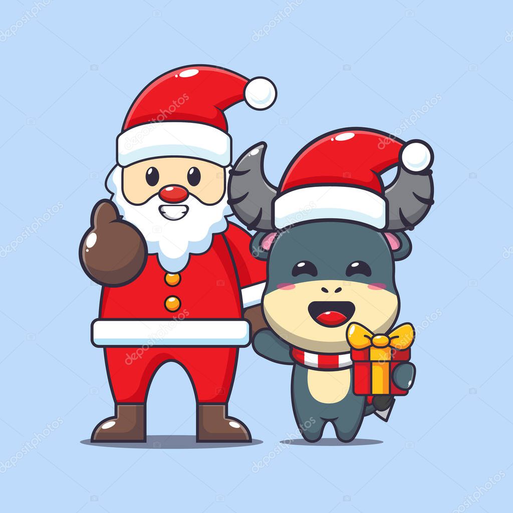 Cute buffalo with santa claus. Cute christmas cartoon character illustration.