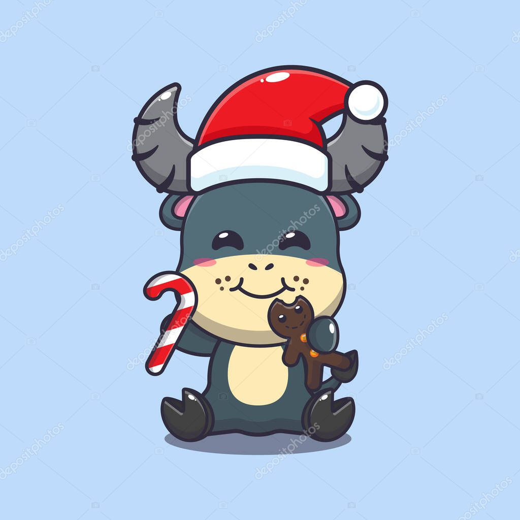 Cute buffalo eating christmas cookies and candy. Cute christmas cartoon character illustration.