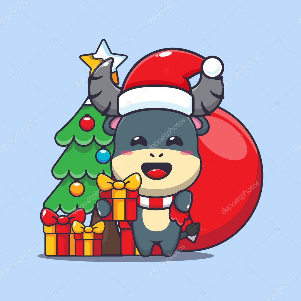 Cute buffalo carrying christmas gift. Cute christmas cartoon character illustration.