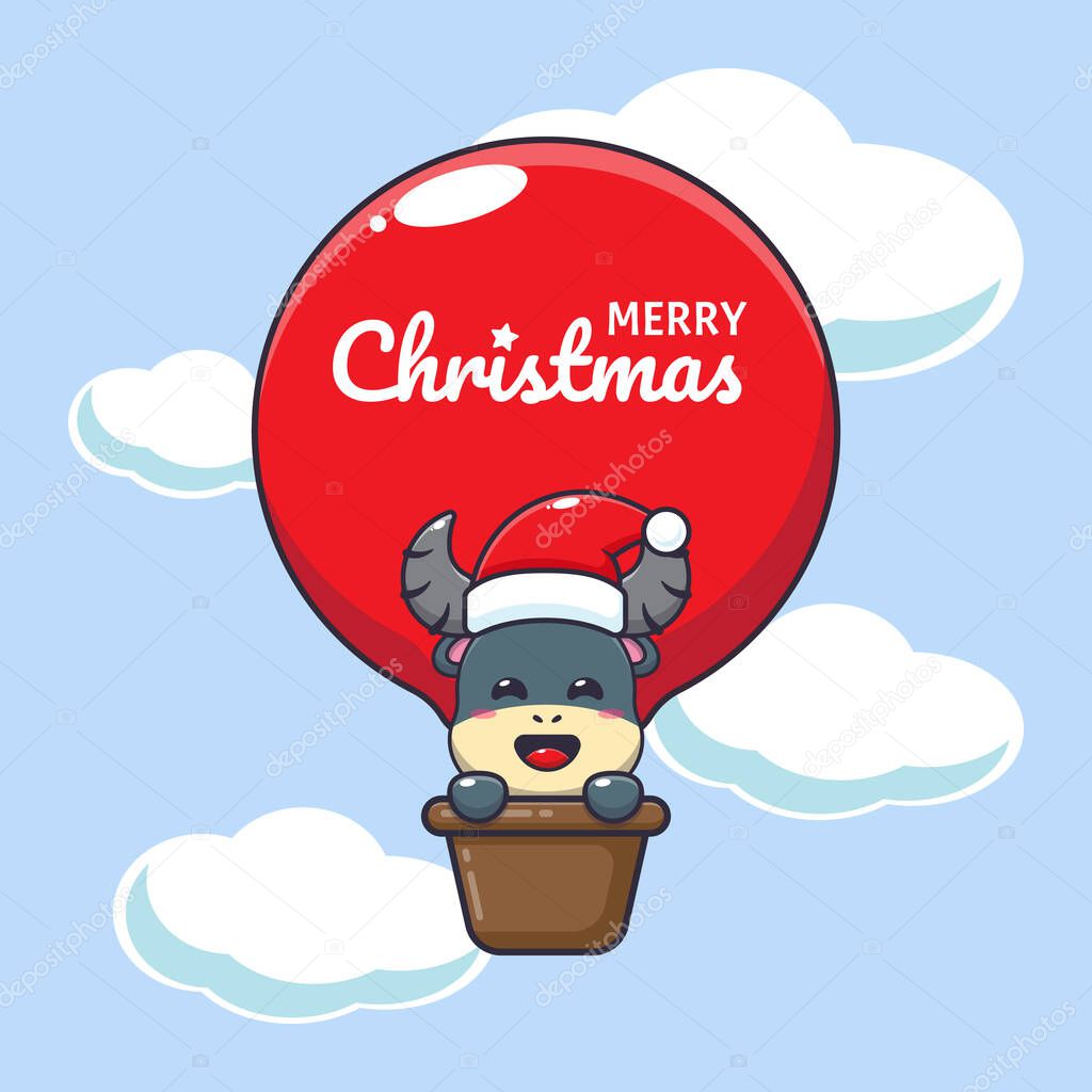 Cute buffalo fly with air balloon. Cute christmas cartoon character illustration.