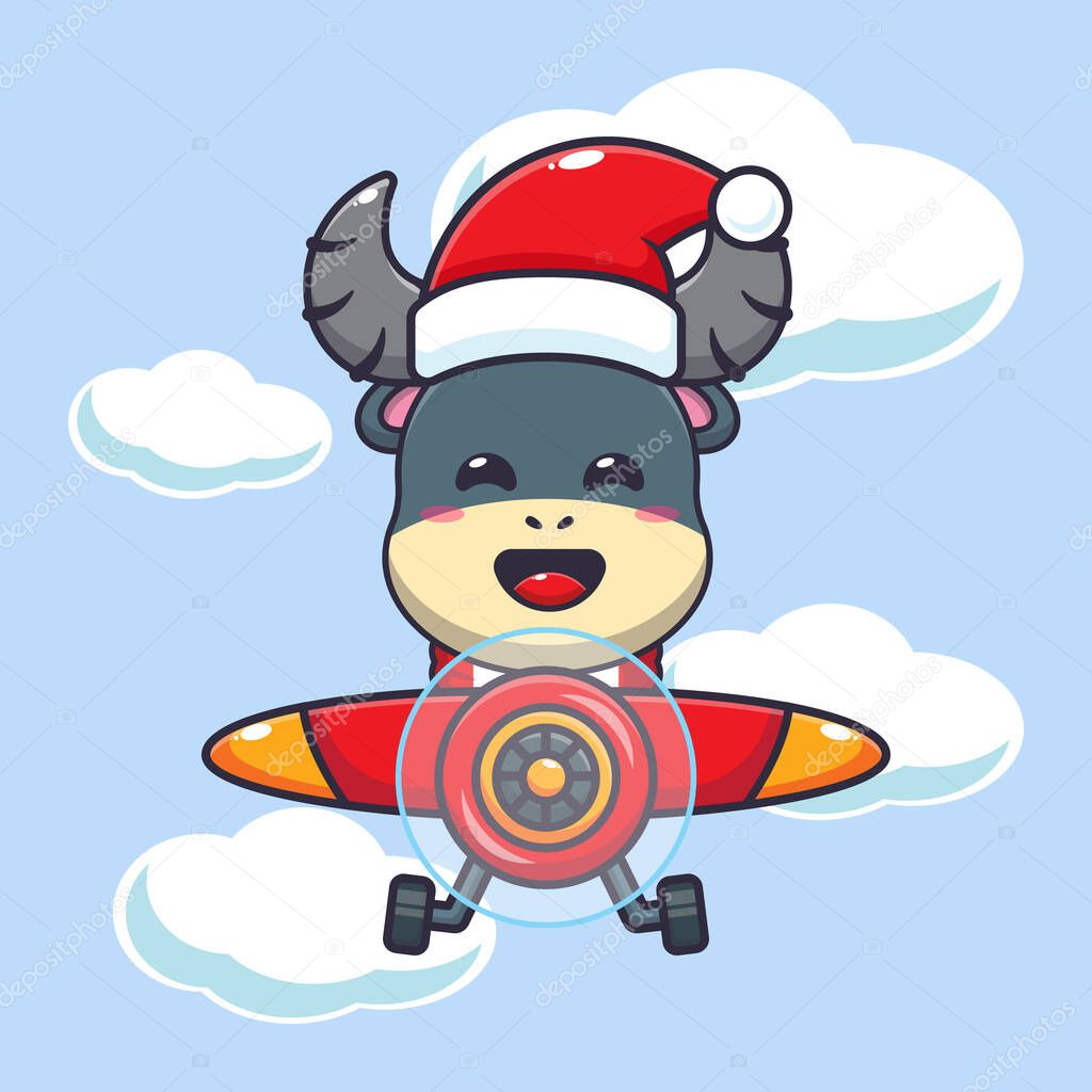 Cute buffalo wearing santa hat flying with plane. Cute christmas cartoon character illustration.