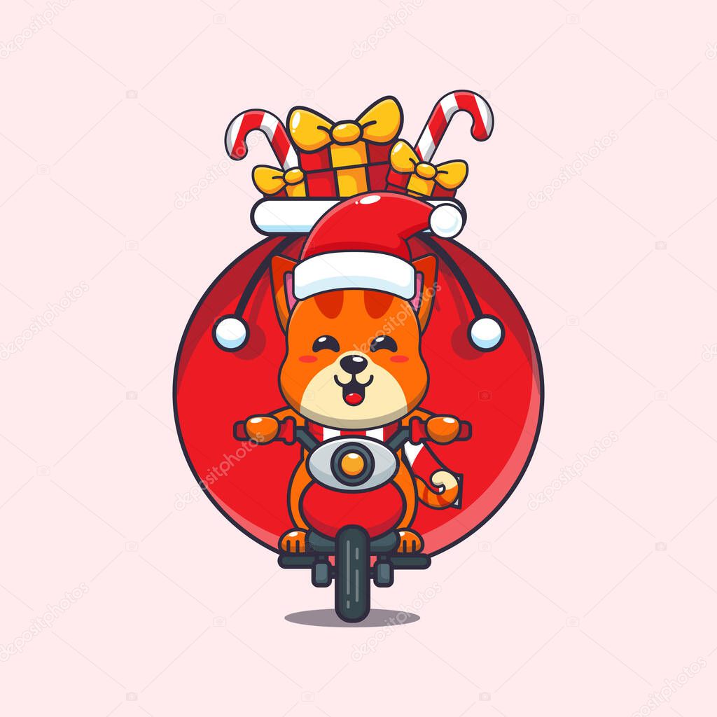 Cute cat carrying christmas gift with motorcycle. Cute christmas cartoon character illustration.