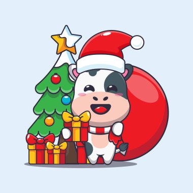 Noel hediyesi taşıyan şirin inek. Sevimli noel çizgi film karakteri çizimi. 