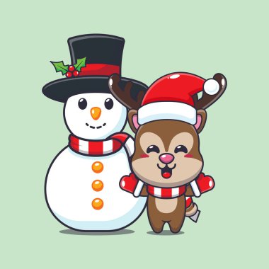 Tatlı eşek Kardan Adam 'la oynuyor. Sevimli noel çizgi film karakteri çizimi. 