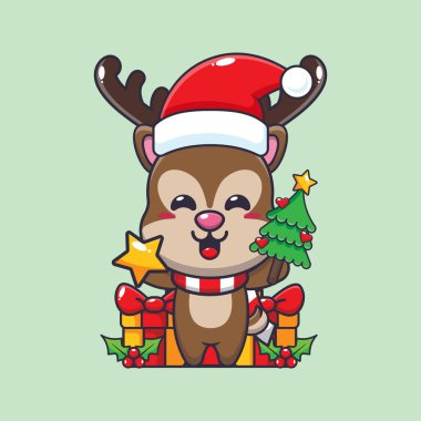 Sevimli eşek yıldızı ve noel ağacı. Sevimli noel çizgi film karakteri çizimi. 