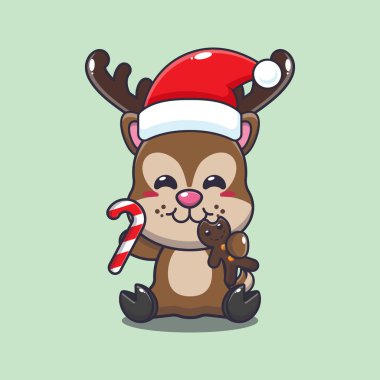 Noel kurabiyesi ve şeker yiyen şirin bir eşek. Sevimli noel çizgi film karakteri çizimi. 