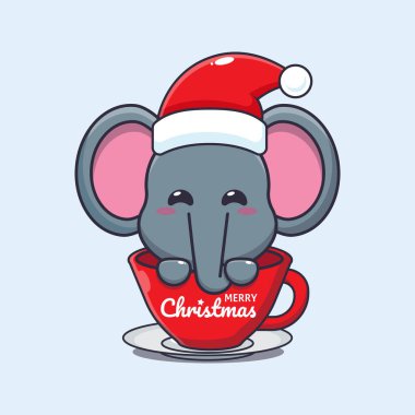 Fincanda Noel Baba şapkası takan şirin bir fil. Sevimli noel çizgi film karakteri çizimi. 