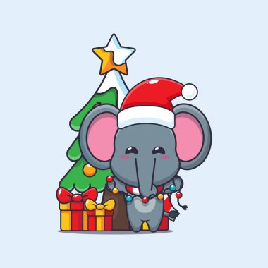 Noel lambası olan şirin bir fil. Sevimli noel çizgi film karakteri çizimi. 