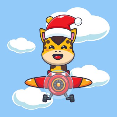 Noel Baba şapkası takan sevimli zürafa uçakla uçuyor. Sevimli noel çizgi film karakteri çizimi. 