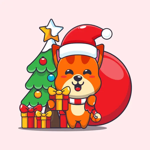 Bel Gatto Che Porta Regalo Natale Carino Natale Cartone Animato — Vettoriale Stock