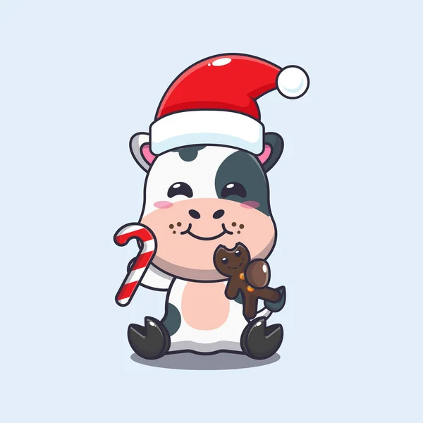 かわいい牛はクリスマスクッキーとキャンディーを食べます かわいいクリスマス漫画キャラクターイラスト — ストックベクタ