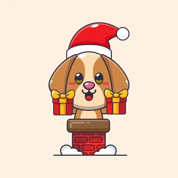 Roztomilý Pes Santou Komíně Roztomilé Vánoční Kreslené Postavičky Ilustrace — Stockový vektor