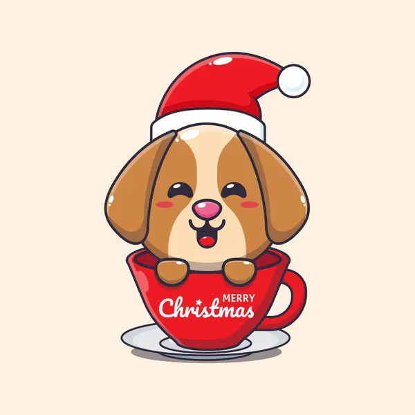 カップにサンタの帽子をかぶっているかわいい犬 かわいいクリスマス漫画キャラクターイラスト — ストックベクタ