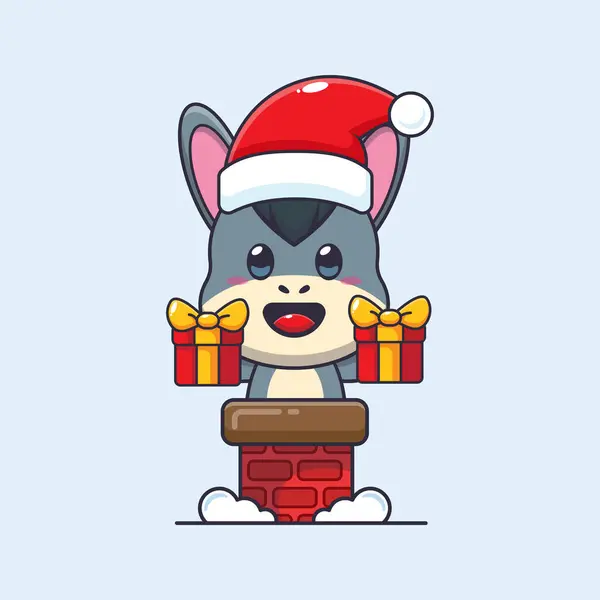 Cute Donkey Santa Hat Chimney Cute Christmas Cartoon Character Illustration — Stock Vector