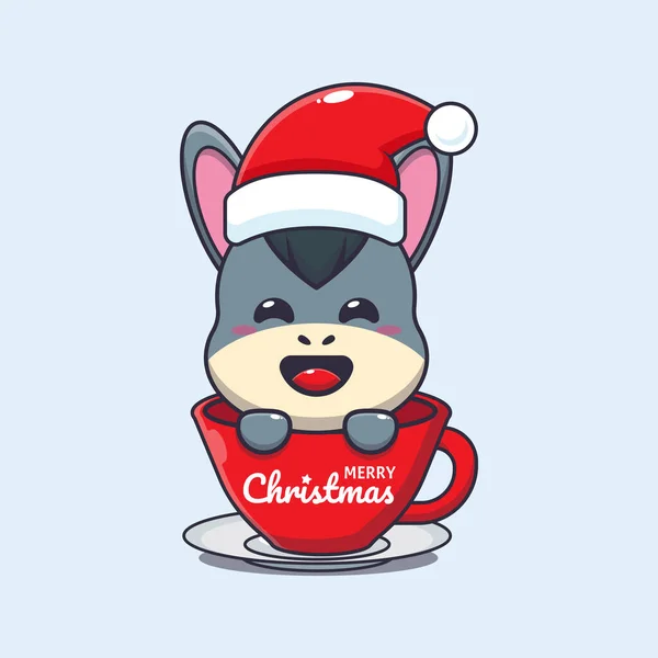 カップにサンタの帽子をかぶっているかわいいロバ かわいいクリスマス漫画キャラクターイラスト — ストックベクタ