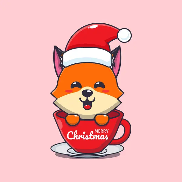 カップにサンタの帽子をかぶっているかわいい狐 かわいいクリスマス漫画キャラクターイラスト — ストックベクタ