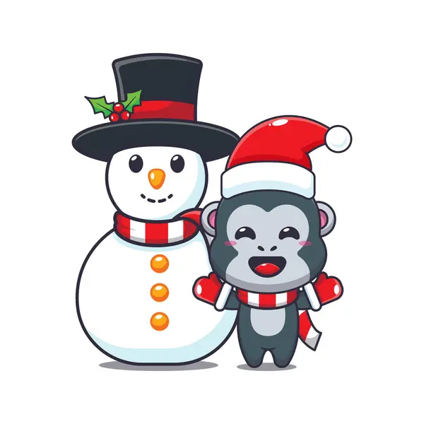 Cute Gorilla Playing Snowman Cute Christmas Cartoon Character Illustration — Stock Vector