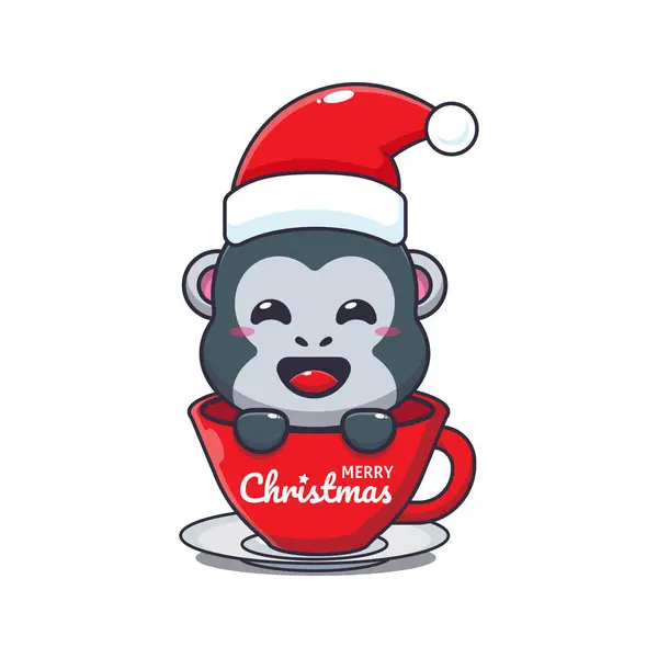 カップにサンタの帽子をかぶっているかわいいゴリラ かわいいクリスマス漫画キャラクターイラスト — ストックベクタ