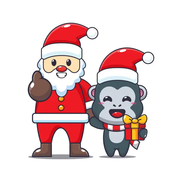 Cute Gorilla Wearing Santa Costume Cute Christmas Cartoon Character Illustration — Stock Vector