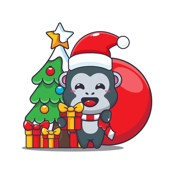 Cute Gorilla Carrying Christmas Gift Cute Christmas Cartoon Character Illustration — Stock Vector