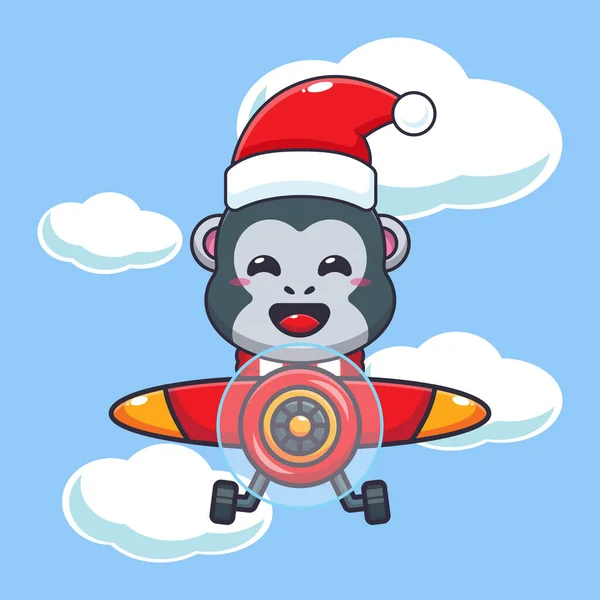 Cute Gorilla Wearing Santa Hat Flying Plane Cute Christmas Cartoon — Stock Vector