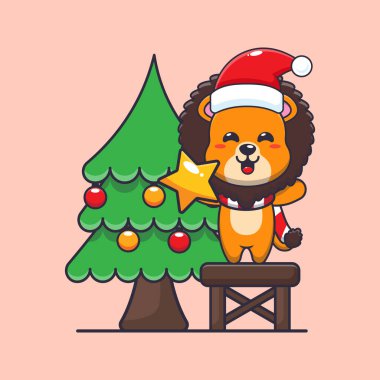 Sevimli aslan noel ağacından yıldız alıyor. Sevimli noel çizgi film karakteri çizimi. 