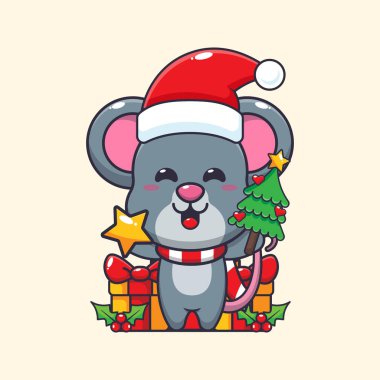 Sevimli fare yıldız ve noel ağacı tutuyor. Sevimli noel çizgi film karakteri çizimi. 