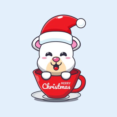 Noel Baba şapkası takan şirin kutup ayısı. Sevimli noel çizgi film karakteri çizimi. 