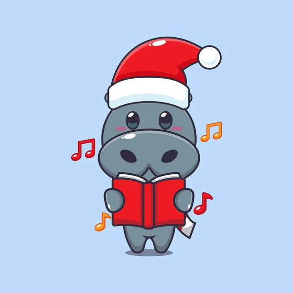 Leuke Hippo Zingt Een Kerstliedje Leuke Kerst Cartoon Karakter Illustratie — Stockvector