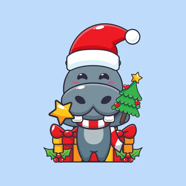 Mignon Hippopotame Tenant Étoile Arbre Noël Jolie Illustration Personnage Dessin — Image vectorielle