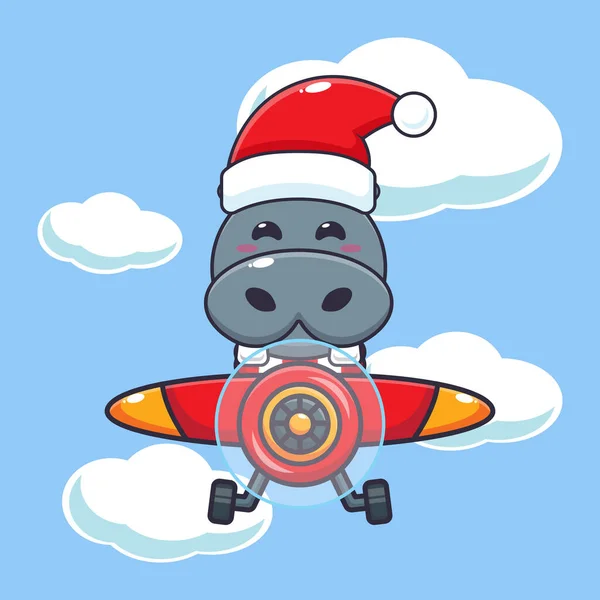 Cute Hipopotam Noszenia Santa Kapelusz Latający Samolotem Cute Christmas Postać — Wektor stockowy