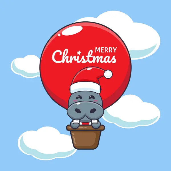 可爱的河马带着气球飞 可爱的圣诞卡通人物插图 — 图库矢量图片