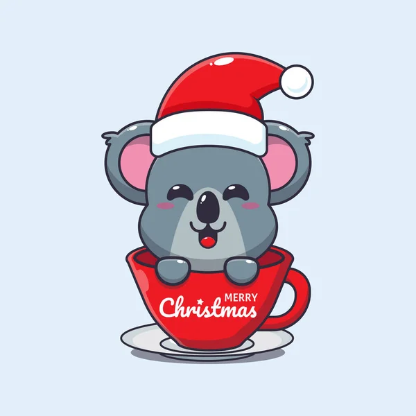 カップにサンタの帽子をかぶっているかわいいコアラ かわいいクリスマス漫画キャラクターイラスト — ストックベクタ