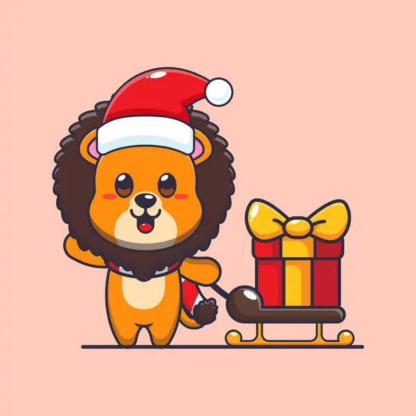 Cute Lion Carrying Christmas Gift Box Cute Christmas Cartoon Character — Stock Vector