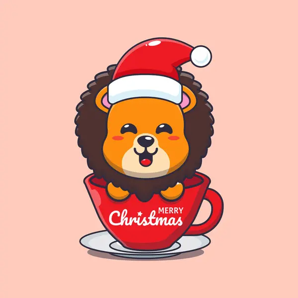 カップにサンタの帽子をかぶっているかわいいライオン かわいいクリスマス漫画キャラクターイラスト — ストックベクタ