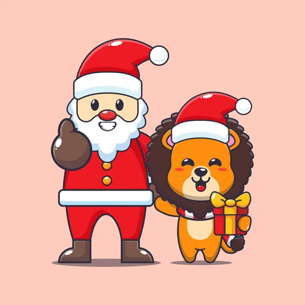 Roztomilý Lev Santa Clausem Roztomilé Vánoční Kreslené Postavičky Ilustrace — Stockový vektor