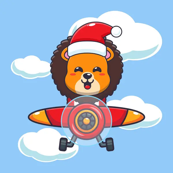 Cute Lion Wearing Santa Hat Flying Plane Cute Christmas Cartoon — Stock Vector