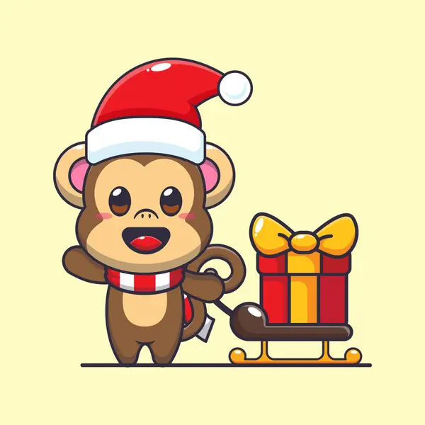 Carina Scimmia Che Porta Confezione Regalo Natale Carino Natale Cartone — Vettoriale Stock