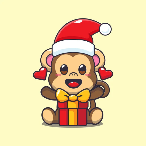 Cute Monkey Christmas Gift Cute Christmas Cartoon Character Illustration — Stock Vector