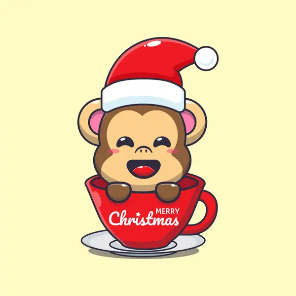 カップにサンタの帽子をかぶっているかわいいサル かわいいクリスマス漫画キャラクターイラスト — ストックベクタ