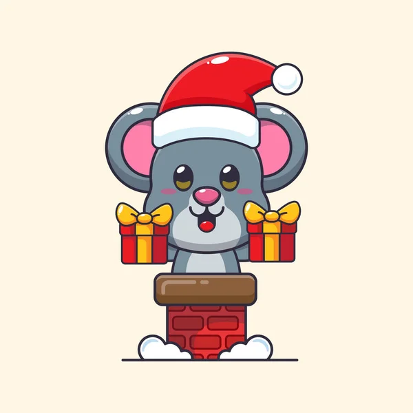 Cute Mouse Santa Hat Chimney Cute Christmas Cartoon Character Illustration — Stock Vector