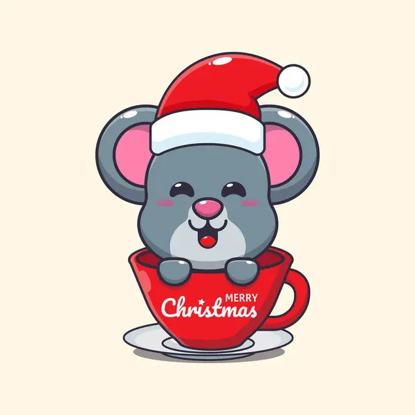 カップにサンタの帽子をかぶっているかわいいマウス かわいいクリスマス漫画キャラクターイラスト — ストックベクタ