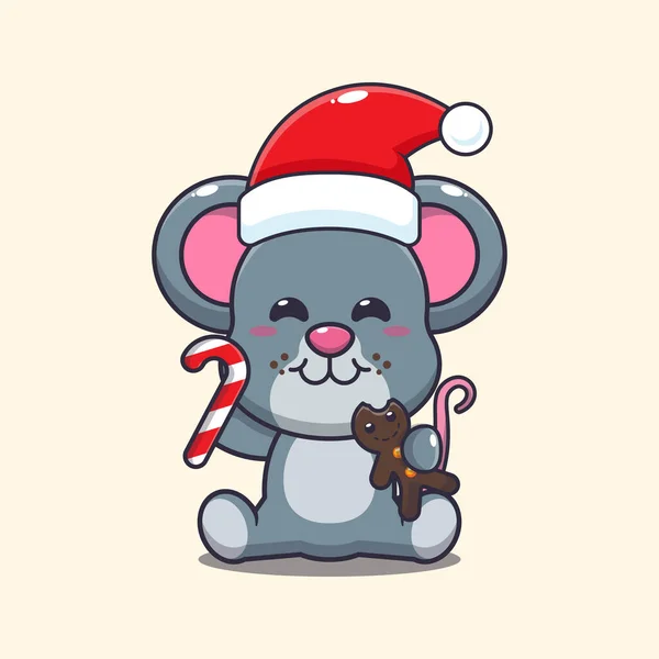 クリスマスクッキーとキャンディーを食べるかわいいマウス かわいいクリスマス漫画キャラクターイラスト — ストックベクタ