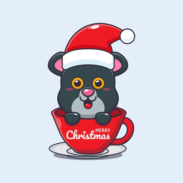 カップにサンタの帽子をかぶっているかわいいパンサー かわいいクリスマス漫画キャラクターイラスト — ストックベクタ