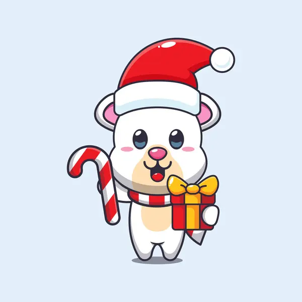 可爱的北极熊手里拿着圣诞糖果和礼物 可爱的圣诞卡通人物插图 — 图库矢量图片