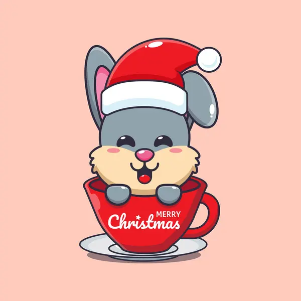 カップにサンタの帽子をかぶっているかわいいウサギ かわいいクリスマス漫画キャラクターイラスト — ストックベクタ