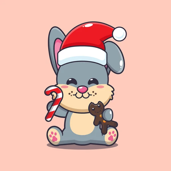 かわいいウサギはクリスマスクッキーとキャンディーを食べます かわいいクリスマス漫画キャラクターイラスト — ストックベクタ