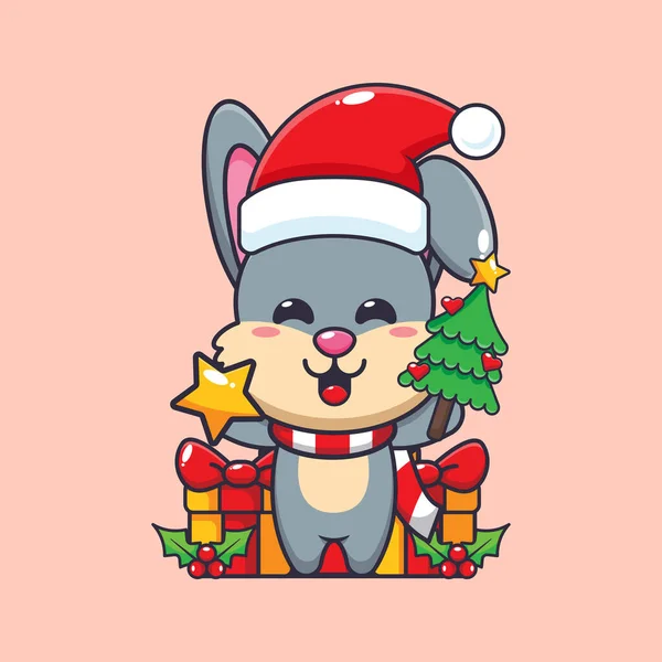 Nettes Kaninchen Mit Stern Und Weihnachtsbaum Niedliche Weihnachten Cartoon Figur — Stockvektor