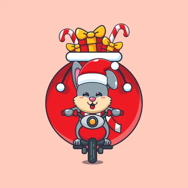 Cute Rabbit Carrying Christmas Gift Motorcycle Cute Christmas Cartoon Character — Stock Vector