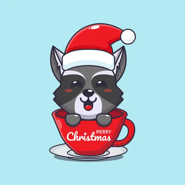 カップにサンタの帽子をかぶっているかわいいアライグマ かわいいクリスマス漫画キャラクターイラスト — ストックベクタ